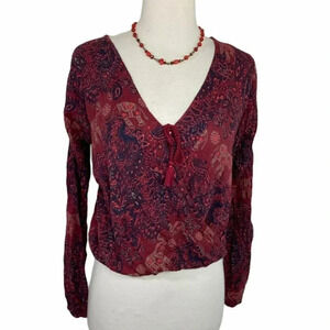 Hollister women's M Red BOHO hi/low criss cross top long sleeve Tribal‎ Hippie
